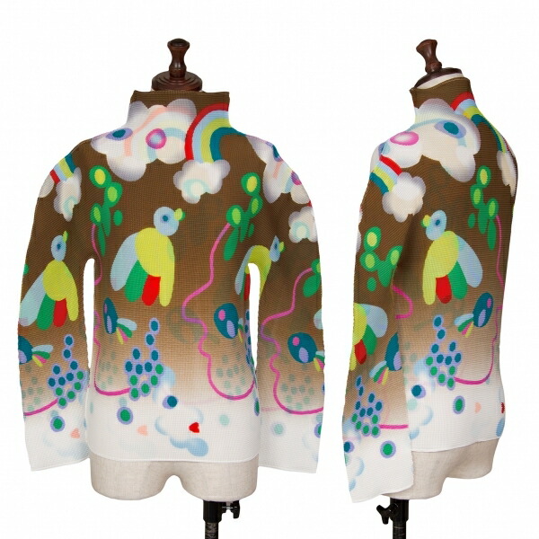 【中古】 イッセイミヤケ ミーISSEY MIYAKE me ストレッチプリーツプリントハイネックカットソー 茶マルチS位【レディース】