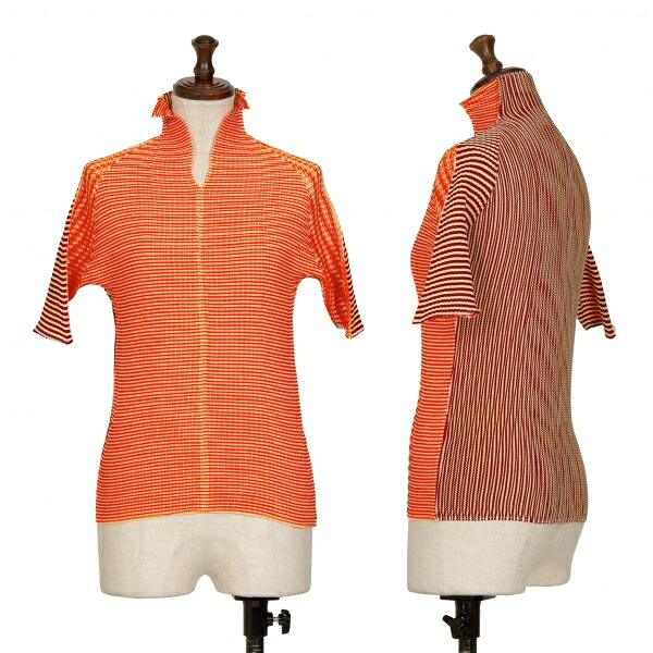 【中古】 イッセイミヤケISSEY MIYAKE PLEATS (T.) ストレッチプリーツバイカラーボーダースキッパーTシャツ 赤オレンジオフ3【レディース】|PLAYFUL