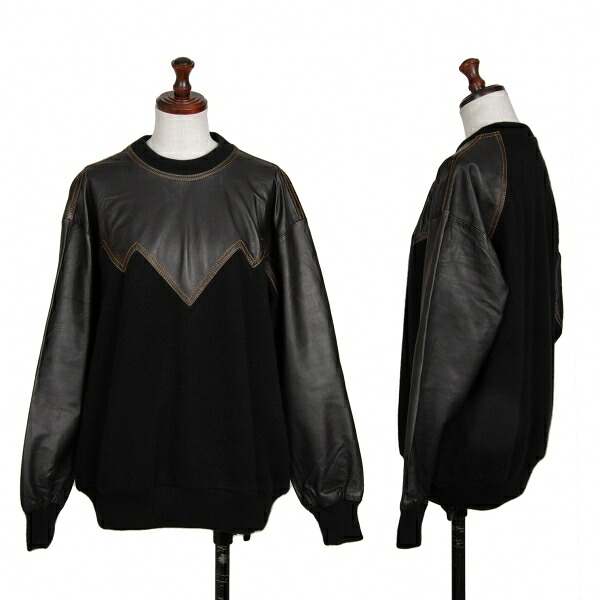 【中古】 イッセイミヤケISSEY MIYAKE レザージグザグ切替ニットソー 黒M位【レディース】|PLAYFUL