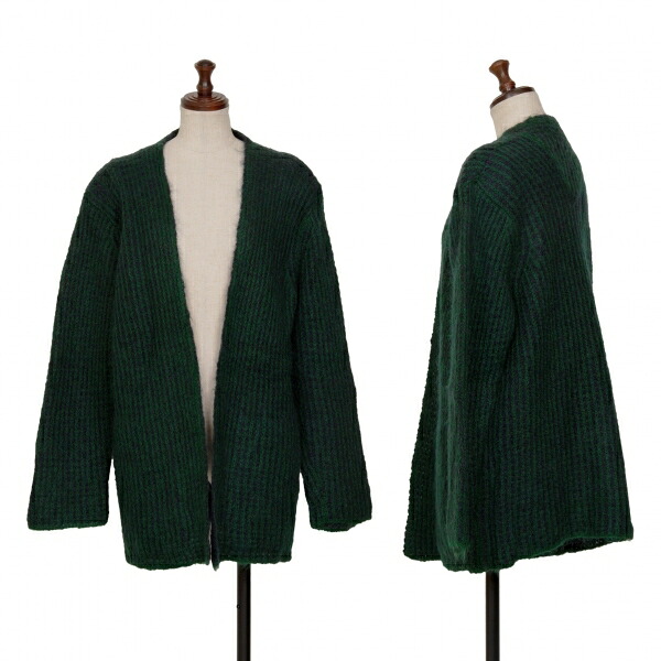 【中古】 イッセイミヤケISSEY MIYAKE バイカラーローゲージボタンレスニットカーディガン 緑紺M位【レディース】｜PLAYFUL