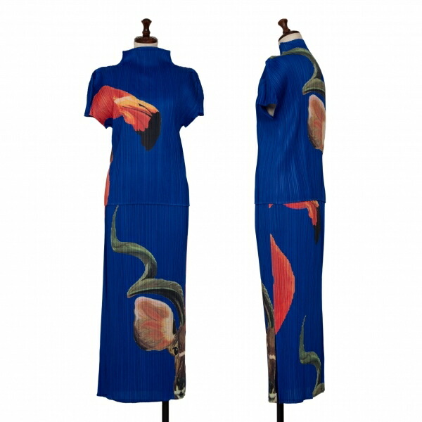 【中古】 筋目プリーズPLEATS PLEASE アニマルプリントハイネックセットアップ 青他3【レディース】