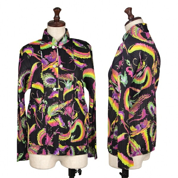 【中古】 プリーツプリーズPLEATS PLEASE 幻獣プリントドラゴンボタンチャイナシャツ 黒マルチ3【レディース】|PLAYFUL