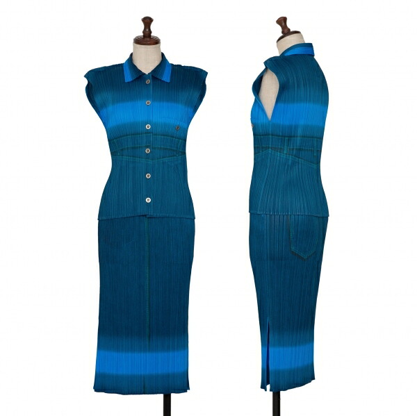 【中古】 プリーツプリーズPLEATS PLEASE プリーツデニム転写グラデーションセットアップ 青3【レディース】｜PLAYFUL 45,928円