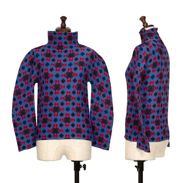 【中古】 イッセイミヤケ ミーISSEY MIYAKE me アーガイルチェックハイネックストレッチプリーツカットソー 青黒ピンクF【レディース】｜PLAYFUL