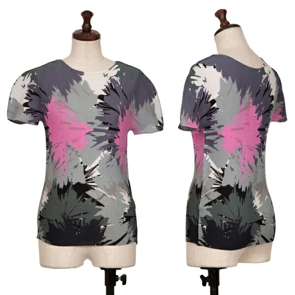 【中古】 イッセイミヤケ ミーISSEY MIYAKE me スプラッシュプリントストレッチプリーツTシャツ グレー黒ピンクF【レディース】|PLAYFUL