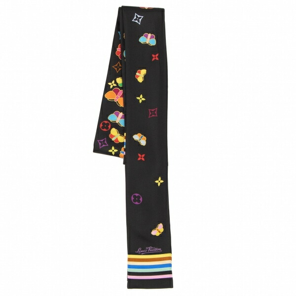 【中古】 ルイヴィトンLouis Vuitton シルクバタフライモノグラム細えり巻き 黒マルチF【レディース】