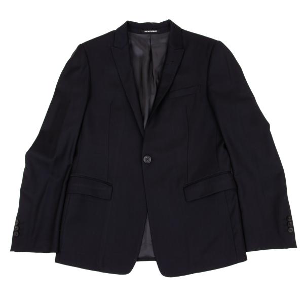 【中古】 エンポリオアルマーニEMPORIO ARMANI 光沢ウールステッチデザインピークドラペルジャケット 紺46【メンズ】|PLAYFUL