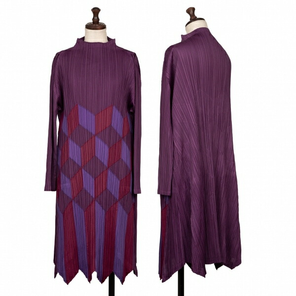 【中古】 筋目プリーズPLEATS PLEASE パッチワークハイネックワンピース 紫3【レディース】 ワンピース-レディースファッション