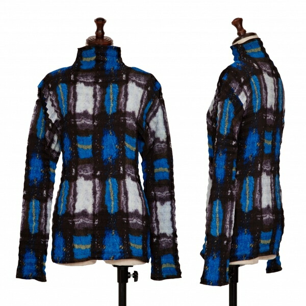 【中古】 イッセイミヤケISSEY MIYAKE ジグザグプリーツグラフィックプリントハイネックカットソー 黒青他L【レディース】|PLAYFUL