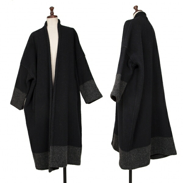 【中古】 コムデギャルソンCOMME des GARCONS ウールコットンバイカラーボタンレスコート 黒チャコールL位【レディース】｜PLAYFUL