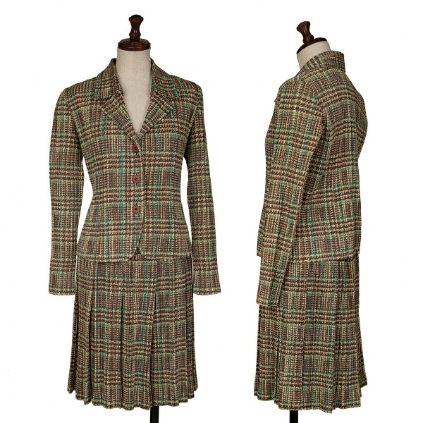 【中古】 筋目プリーズPLEATS PLEASE ツィード書き換える刷り上げる背広 黄茶緑3【レディース】