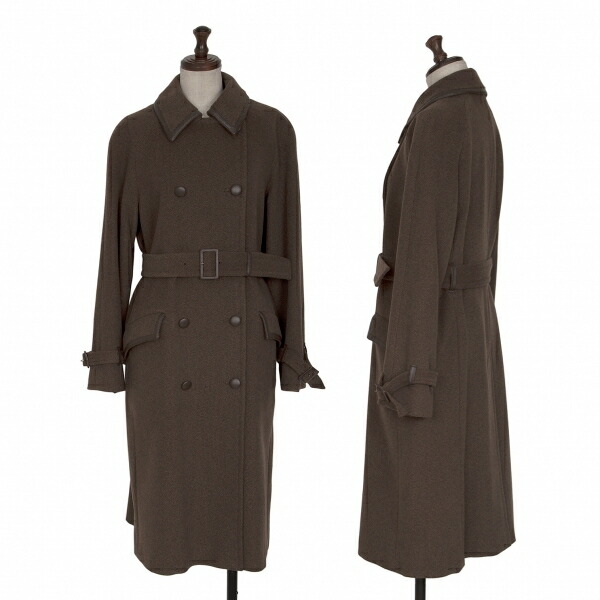 【中古】 アクアスキュータムAquascutum フェイクレザーパイピングウールダブルコート 茶7【レディース】
