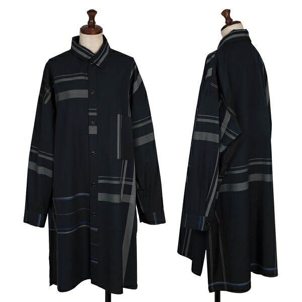 【中古】 ワイズY's ウールチェック切替フラップカラーロングシャツ 紺黒グレー1【レディース】｜PLAYFUL 21,415円