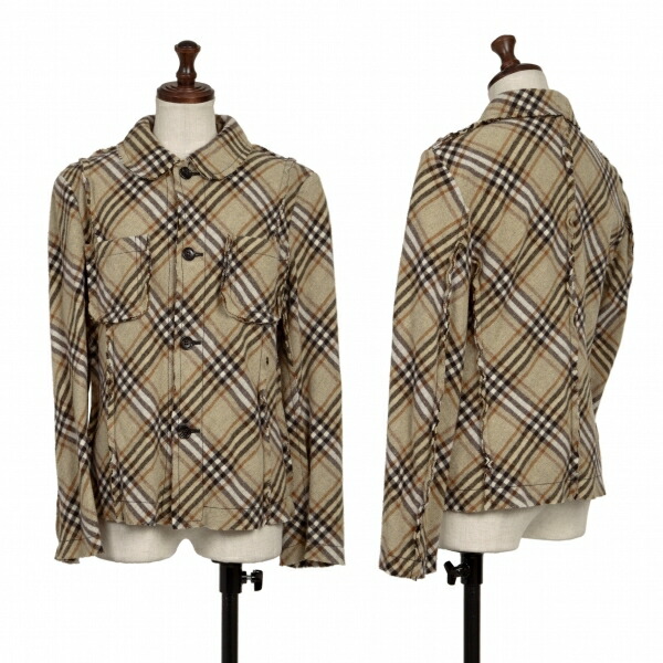 【中古】 トリココムデギャルソンtricot COMME des GARCONSアンゴラ羊毛断ち切りチェックラウンドカラージャケット ベージュ茶黒M【レディース】