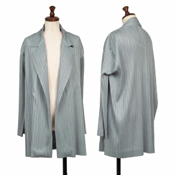 【中古】 イッセイミヤケISSEY MIYAKEプリーツボタンレスロングジャケット ともし火薄墨色M【レディース】