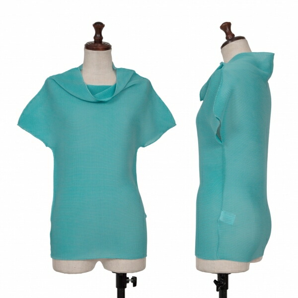 【中古】 イッセイミヤケ ミーISSEY MIYAKE me ストレッチプリーツドレープネックティーシャツ 水色F【レディース】