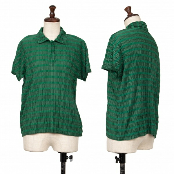 【中古】 プリーツプリーズPLEATS PLEASE ボーダープリーツポロシャツ 緑3【レディース】
