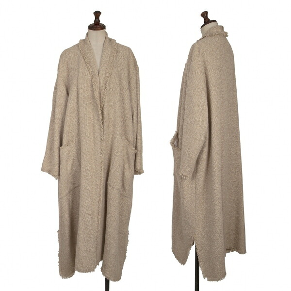 【中古】 ヨシエイナバYOSHIE INABA カシミヤウールブレードかざり付けるボタンレスコート ベージュＭ位【レディース】