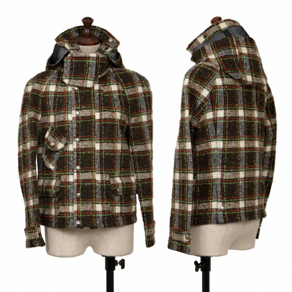 【中古】 ジュンヤワタナベ コムデ給仕JUNYA WATANABE COMME des GARCONSウールモヘヤチェック織りウインドストッパーフーテッドジャケット 緑赤茶M【レディース】