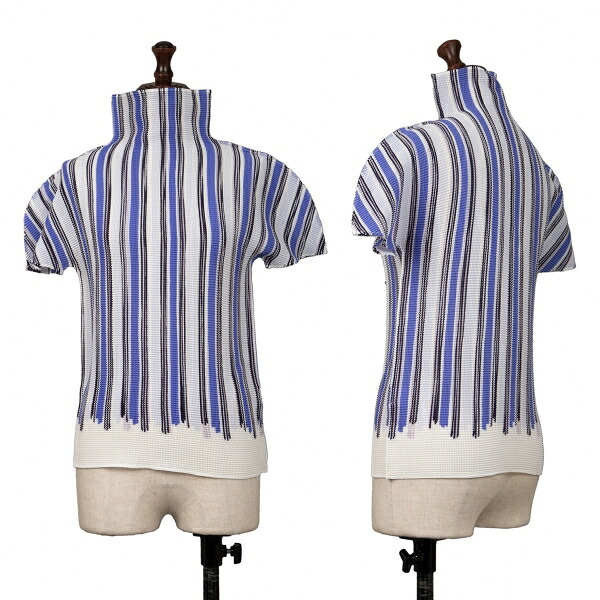 【中古】 イッセイミヤケ ミーISSEY MIYAKE me ストライププリントストレッチプリーツハイネックTシャツ 青紺白F【レディース】｜PLAYFUL