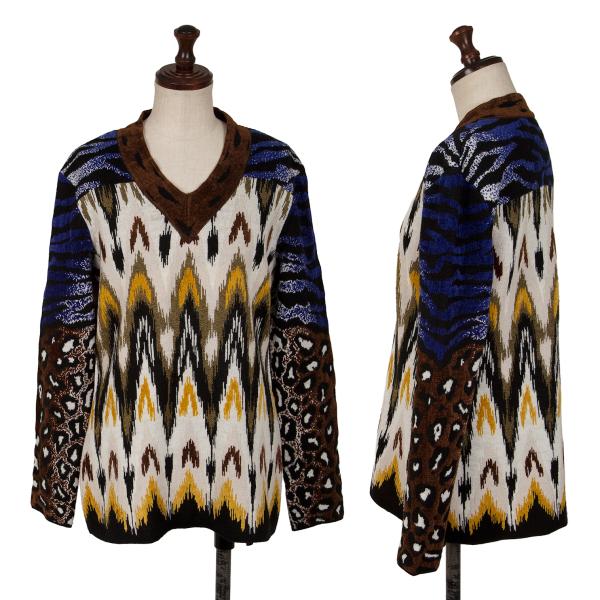 【中古】 ケンゾーKENZO アニマルジャガードニットセーター 青黒茶L【レディース】 セーター-トップス-ニット・セーター