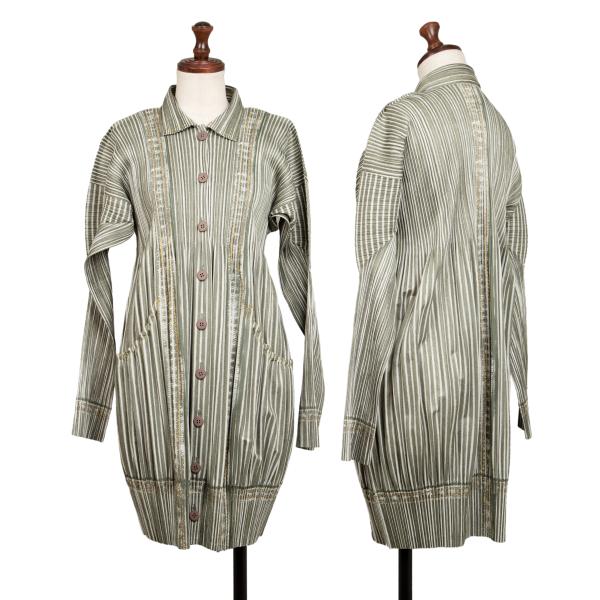 【中古】 プリーツプリーズPLEATS PLEASE ステッチプリント消しプリーツ切替ロングジャケット カーキ白黄3【レディース】|PLAYFUL