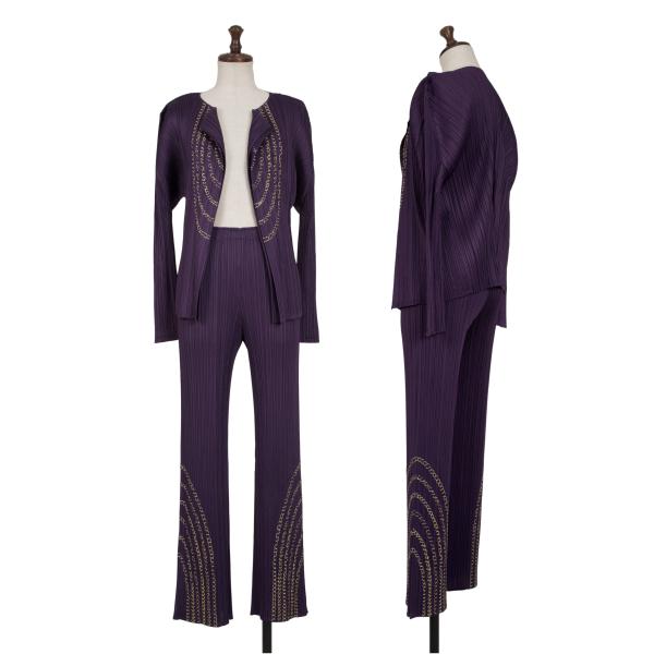 【中古】 筋目プリーズPLEATS PLEASE ゴールドチェーン店刺しゅうセットアップ 紫ゴールド3・2【レディース】