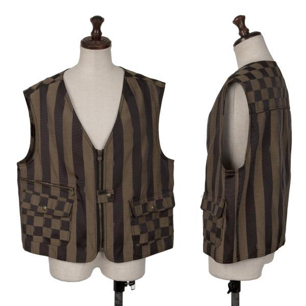 【中古】 フェンディFENDI ストライプフラップポケットジップアップベスト 茶黒42【レディース】|PLAYFUL