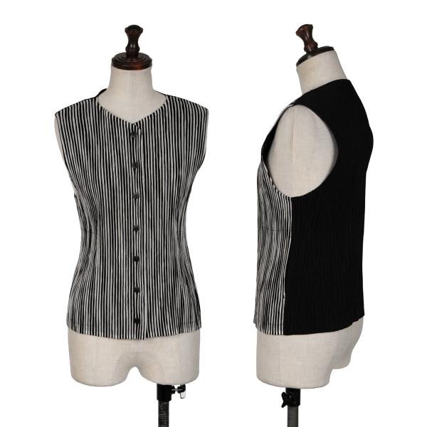 【中古】 イッセイミヤケISSEY MIYAKE バイカラーストライププリーツベスト 黒白M位【レディース】｜PLAYFUL
