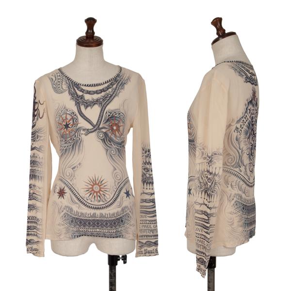 【中古】 ジャンポールゴルチエ ファムJean Paul GAULTIER FEMME シルクタトゥープリントストレッチカットソー ベージュS位【レディース】｜PLAYFUL