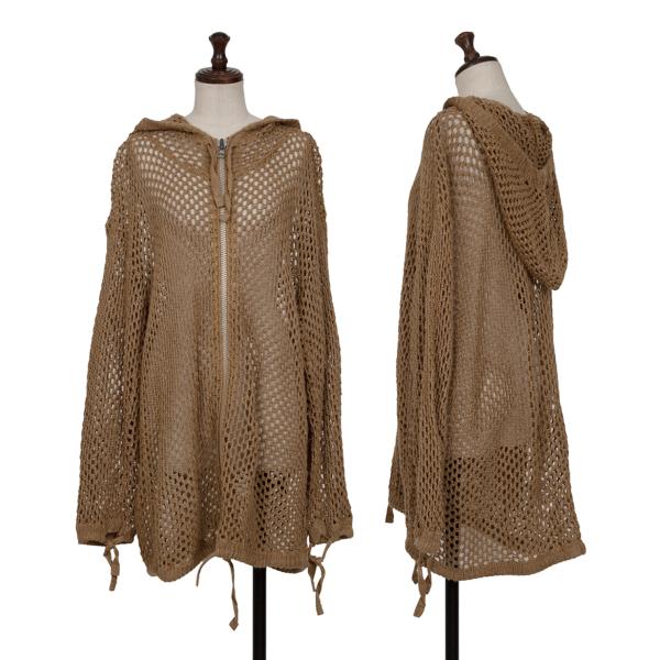 【中古】 イッセイミヤケISSEY MIYAKE 透かし編みジップアップニットフーディー 茶M【レディース】