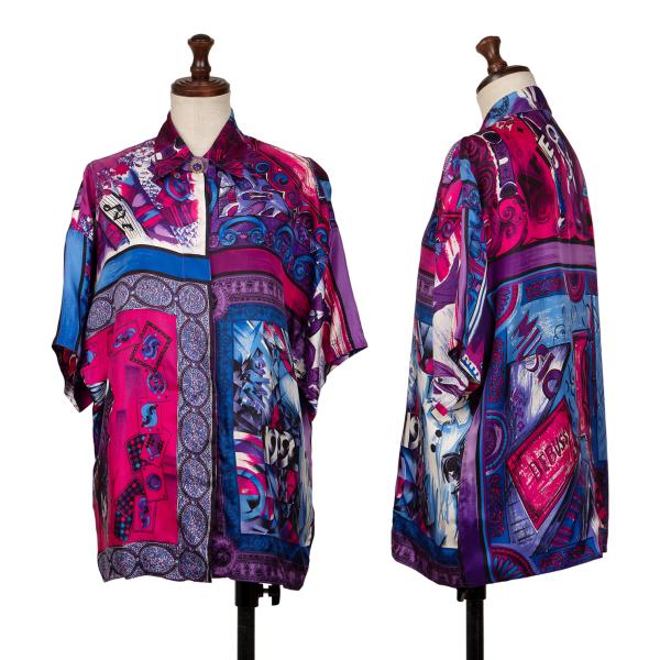 【中古】 ジャンニヴェルサーチGIANNI VERSACE シルク総柄ボタンフライ半袖シャツ 青ピンク紫M位【レディース】｜PLAYFUL