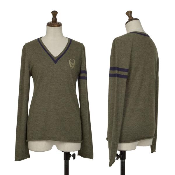 【中古】 ルシアンペラフィネLucien PellatiFinet カシミヤポイントドクロラインストーンVのど首編み物 カーキM【レディース】 トップス-ニット・セーター-セーター