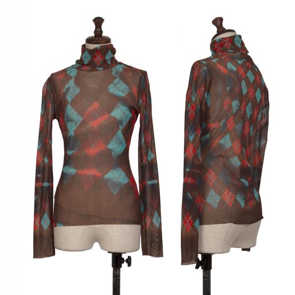 【中古】 ジャンポールゴルチエ ファムJean Paul GAULTIER FEMME アーガイルニット転写プリントパワーネットタートルネックカットソー 水色茶赤40【レディース】｜PLAYFUL