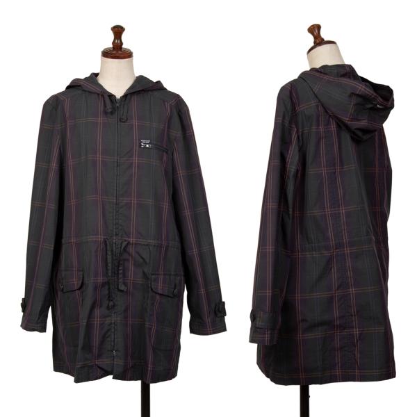 【中古】 マドモアゼルノンノンMademoiselle NON NON ウエストコードチェックフードハーフコート 紺緑茶M【レディース】