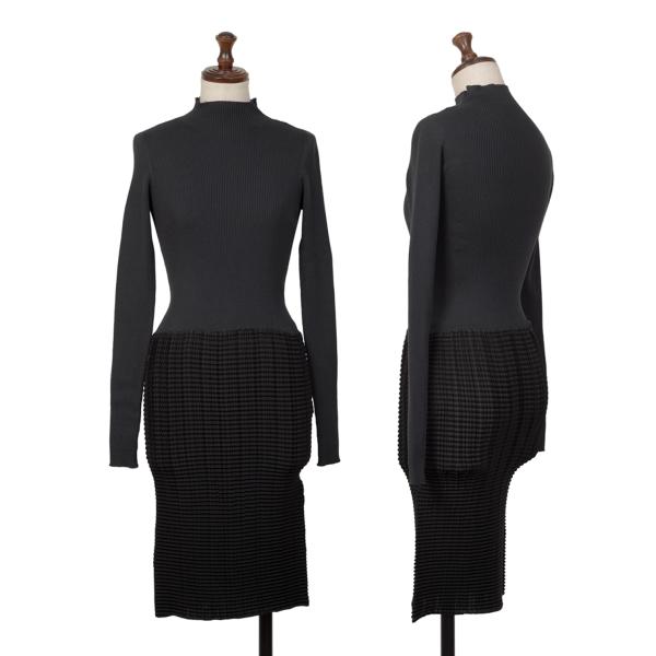 【中古】 イッセイミヤケISSEY MIYAKE プリーツ切替モックネックリブニットワンピース チャコール黒M位【レディース】｜PLAYFUL