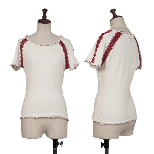 【中古】 ジャンポールゴルチエJean Paul GAULTIER ニット切替ラグランストレッチTシャツ オフホワイト赤40【レディース】|PLAYFUL