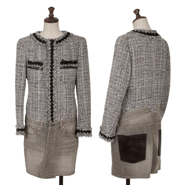 【中古】 ジュンヤワタナベ コムデギャルソン デニムJUNYA WATANABE COMME des GARCONS denim 装飾デザインデニムドッキングツイードロングジャケット グレーXS【レディース】｜PLAYFUL