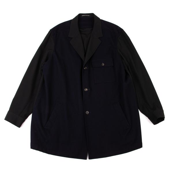 【中古】 ヨウジヤマモト プールオムYohji Yamamoto POUR HOMME ウール異素材切替デザインジャケット 紺黒M【メンズ】｜PLAYFUL