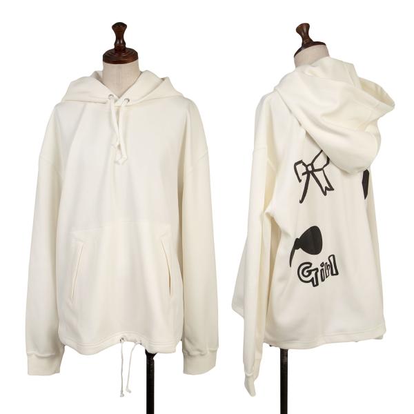 【中古】 コムデギャルソン ガールCOMME des GARCONS GIRL バックリボンプリントポリプルオーバーフーディー オフホワイト黒XS【レディース】｜PLAYFUL