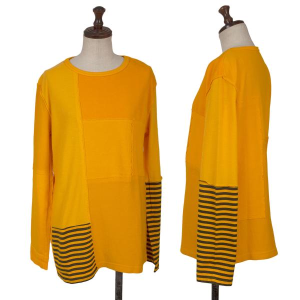【中古】 イッセイミヤケISSEY MIYAKE I.S. ボーダー切替パッチワークカットソー 黄カーキM【レディース】｜PLAYFUL