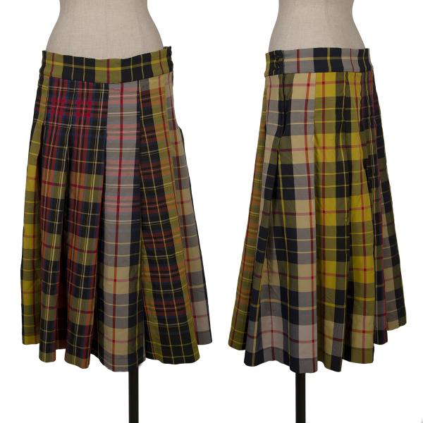 【中古】 コムコム コムデギャルソンCOMME des GARCONS ポリマドラスチェックプリーツワイドパンツ 紺黄マルチS【レディース】｜PLAYFUL