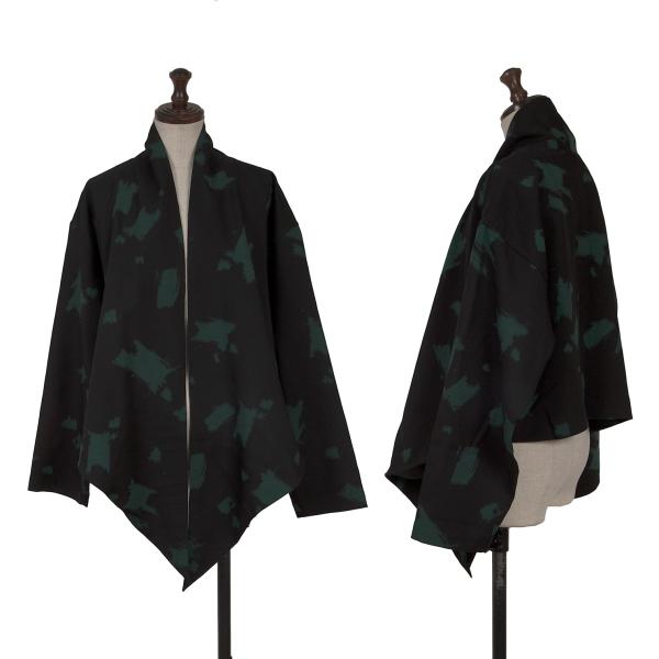 【中古】 栽培所Plantation スプラッシュプリントウールボタンレスジャケット 黒緑M【レディース】