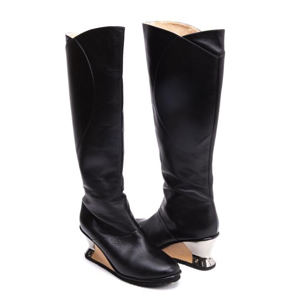 【中古】 イッセイミヤケISSEY MIYAKE メタルヒールウェッジソールレザーロングブーツ 黒25【レディース】|PLAYFUL