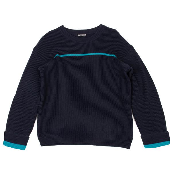 【中古】 イッセイミヤケ メンISSEY MIYAKE MEN ラインデザインウールリブニットセーター 紺水色M【メンズ】