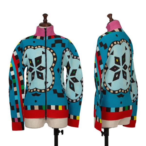 【中古】 イッセイミヤケミーISSEY MIYAKE me ストレッチプリーツマルチプリントダブルジップトップス ターコイズマルチF【レディース】