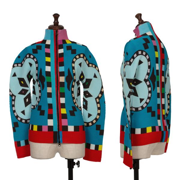 【中古】 イッセイミヤケミーISSEY MIYAKE me ストレッチプリーツマルチプリントダブルジップトップス ターコイズマルチF【レディース】