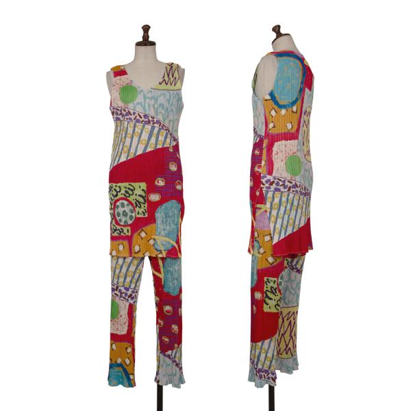 【中古】 筋目プリーズPLEATS PLEASE グラフィックプリントセットアップ さくら色マルチ4【レディース】