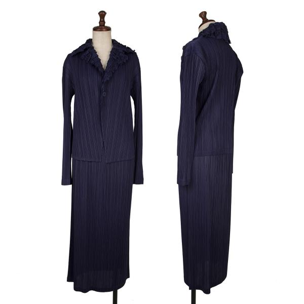 【中古】 イッセイミヤケISSEY MIYAKE フリルカラーデザインプリーツジャケットセットアップ 紺2・3【レディース】