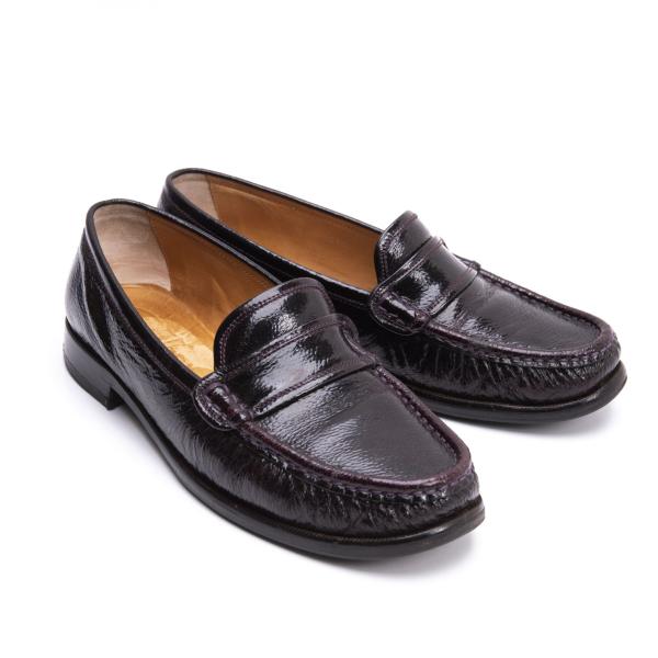 【中古】 ヒロフHIROFU シワエナメルレザーローファー 焦げ茶24 1/2【レディース】